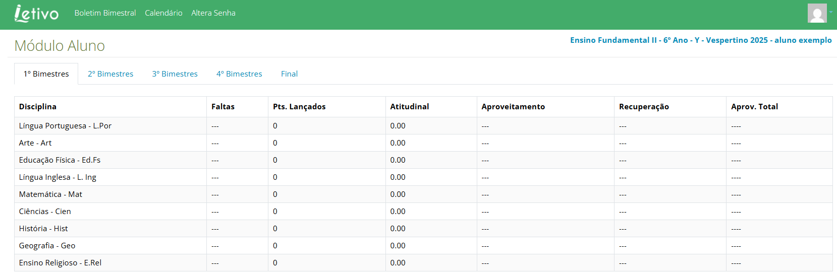Visão do Aluno no sistema Letivo
