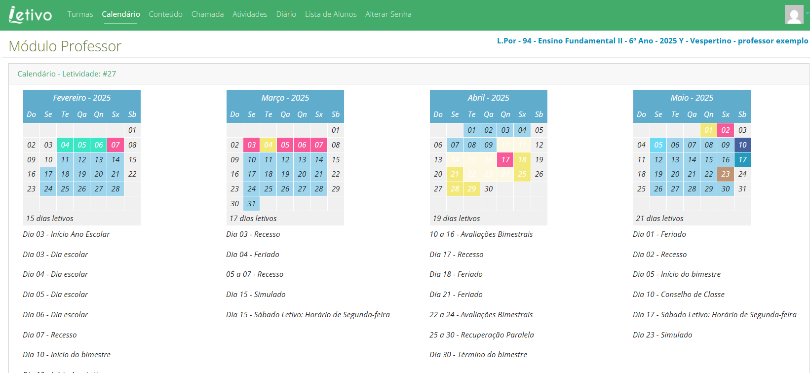 Visão do Professor no sistema Letivo